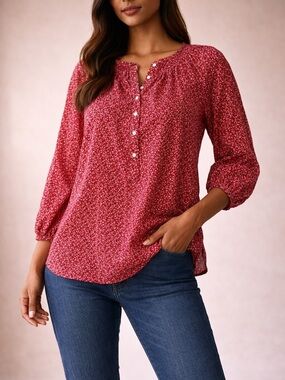 CHAPS Red Floral Blouse Cottagecore Boho Top Size Large